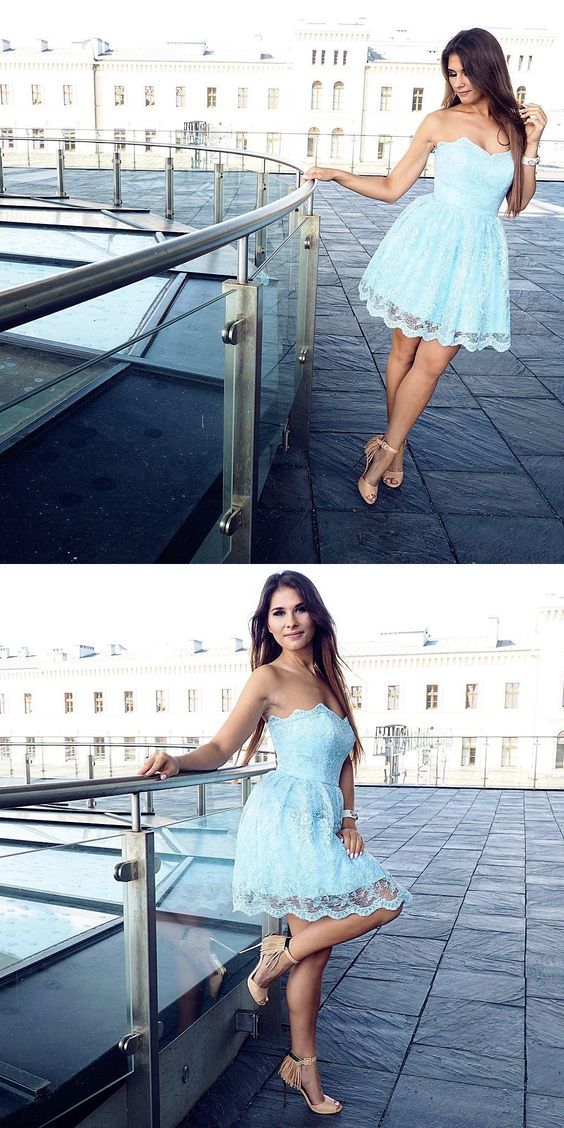 A-Line Sweetheart Blue Lace Short Homecoming Dress