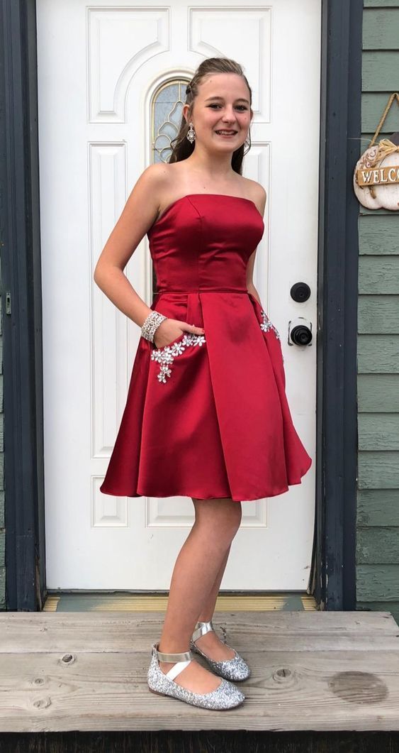 A Line Strapless Short Homecoming Dress With Pockets Beading