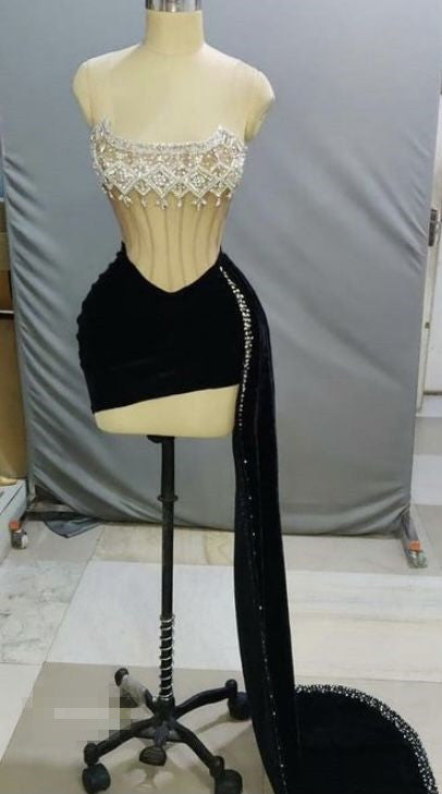 New Arrival Homecoming Dress Black See-through Sexy Party Dress With Beading