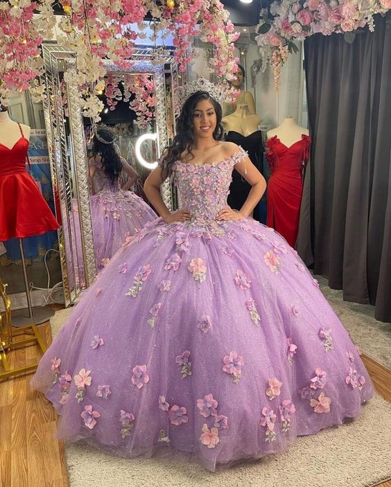 Lilac Quinceanera Dress With Flowers Ball Gown Sweet 16 Dress Elegant Tulle Ball Gown 3D Flowers Princess Evening Dress 15 Lovely