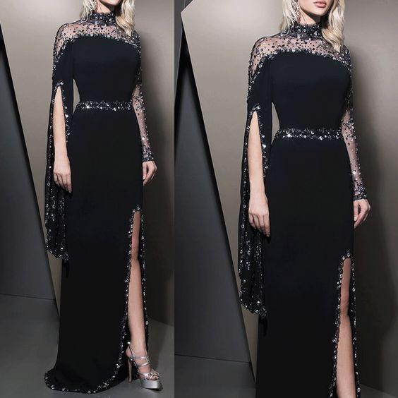Black Evening Dress, Beaded Evening Dress, High Neck Evening Dress prom dress with long sleeves