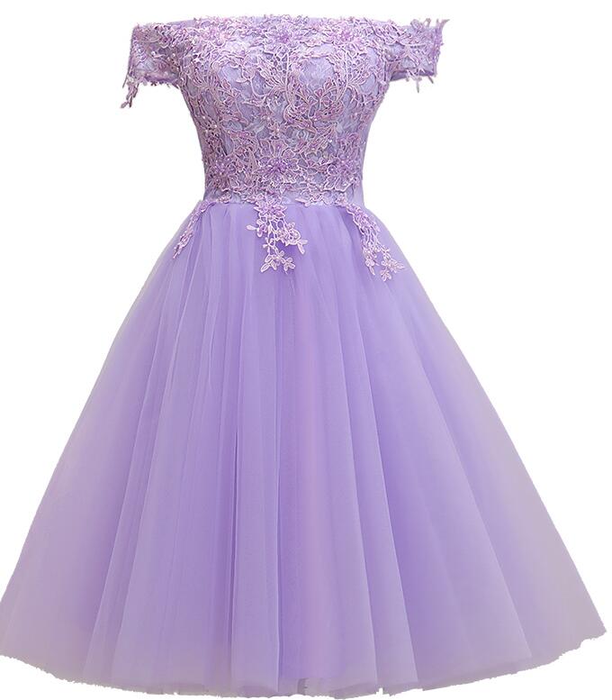 Light Purple Lace And Tulle Off The Shoulder Homecoming Dress, Short Party Dress