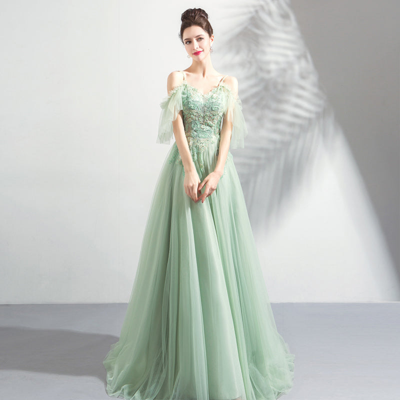 Green tulle lace long prom dress, evening dress