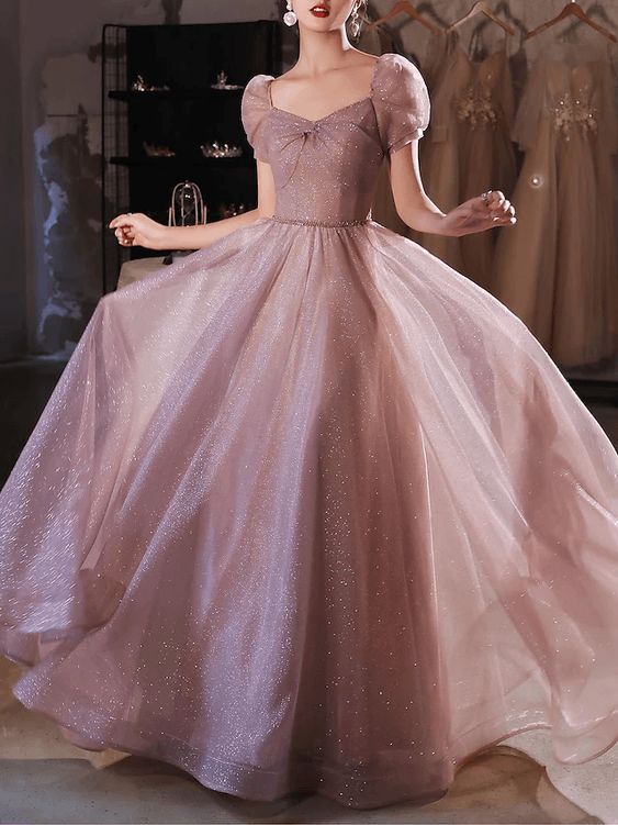 A-Line Beautiful Back Elegant Prom Formal Evening Dress Sweetheart Neckline Short Sleeve Floor Length