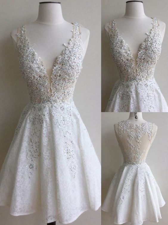 Dress, Ivory Lace Homecoming Dress,Short Prom Dress, Special Ocassion Dress, White Prom Dress,Gorgeous V-neck Prom Dress,Formal Prom Dress,Graduation Dress