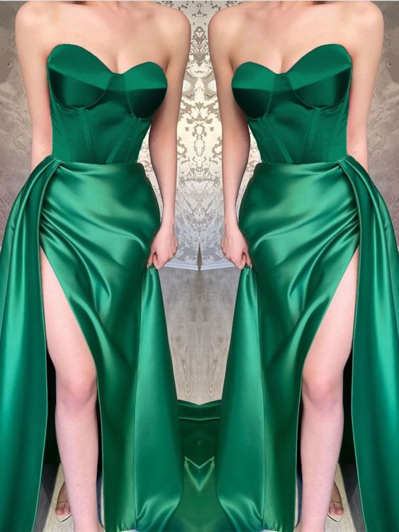Long Emerald Green Corset Satin Prom Dress With Leg Slit