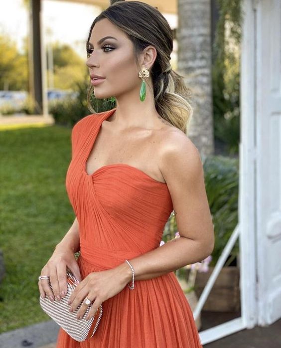 Orange Flowy One-Shoulder Gown Classic Prom Dress