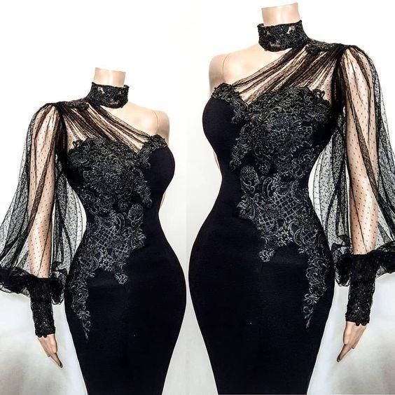 One shoulder black long prom dress, lace prom dress