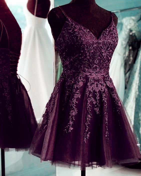 Spaghetti Straps V Neck Tulle Lace Short Homecoming Dress