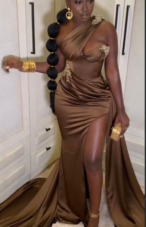 Long fitted mono strap elegant dress, wedding reception gown, shimmery prom dresses,high slit bridal dress, African women party dress