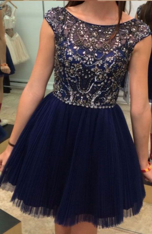 High Quality Tulle Scoop Short Navy Blue Prom Dresses Homecoming Dresses With Beaded