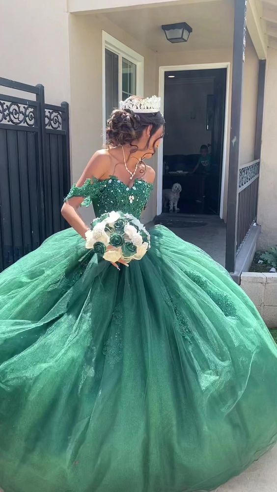 Off The Shoulder Green Ball Gown Sweet 16 Dress