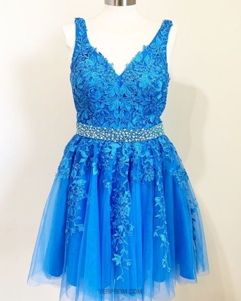 Blue Tulle V Neck Classic Lace Appliqued Homecoming Dress With Beading Belt