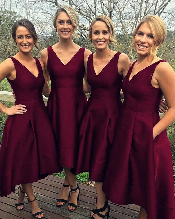 Fashionable burgundy V neck tea length dress party dress