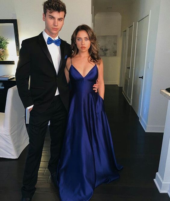 Chic Spaghetti Straps V-neck Satin Simple Long Prom Dresses