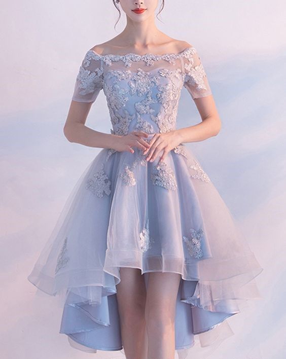 Light Blue High Low Elegant Prom Dress Lace Appliques Beaded Off Shoulder Short Sleeve Back Design Lace-up Short Homecoming Dresses
