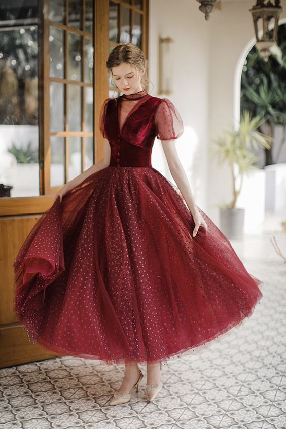 Elegant A line short prom dress burgundy evening dress