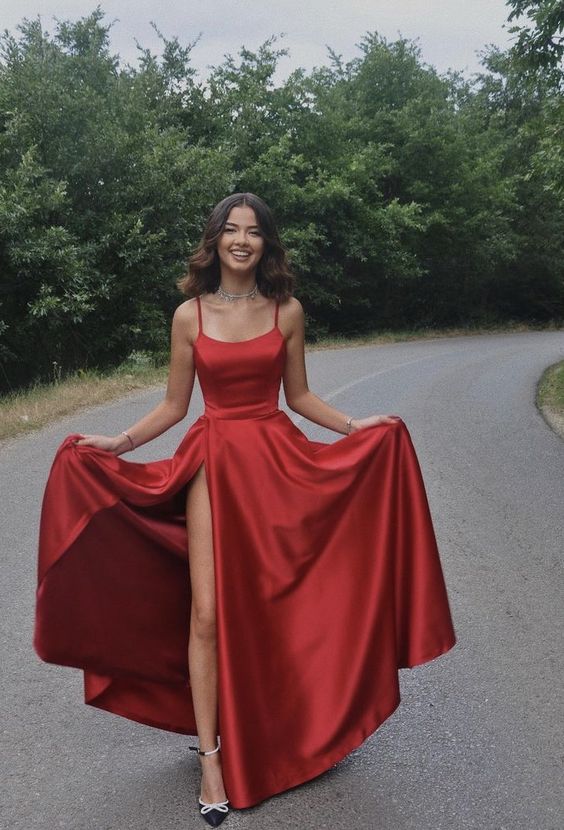 Spaghetti Straps Satin Simple Long Prom Dresses Red Back to School Dress