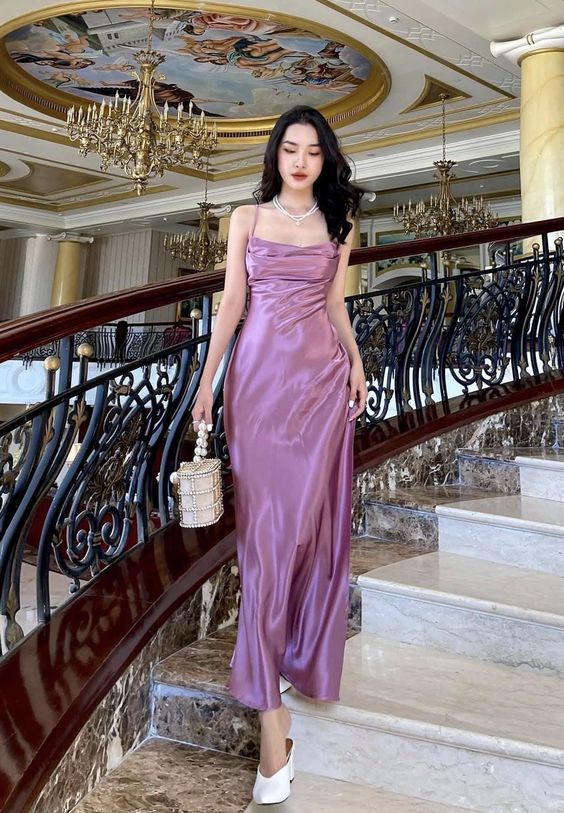 Simple purple evening dresses satin pleated long prom dress