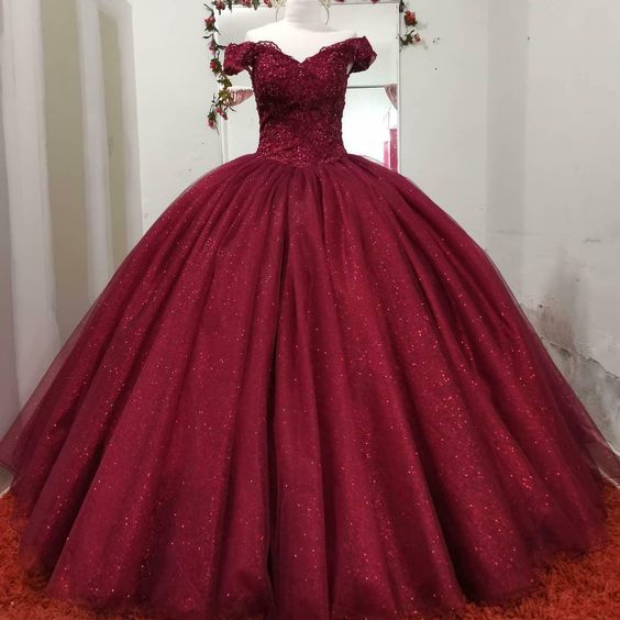 Burgundy Off the Shoulder Quinceanera Dresses Ball Gown Lace Prom Sweet 16 Dress