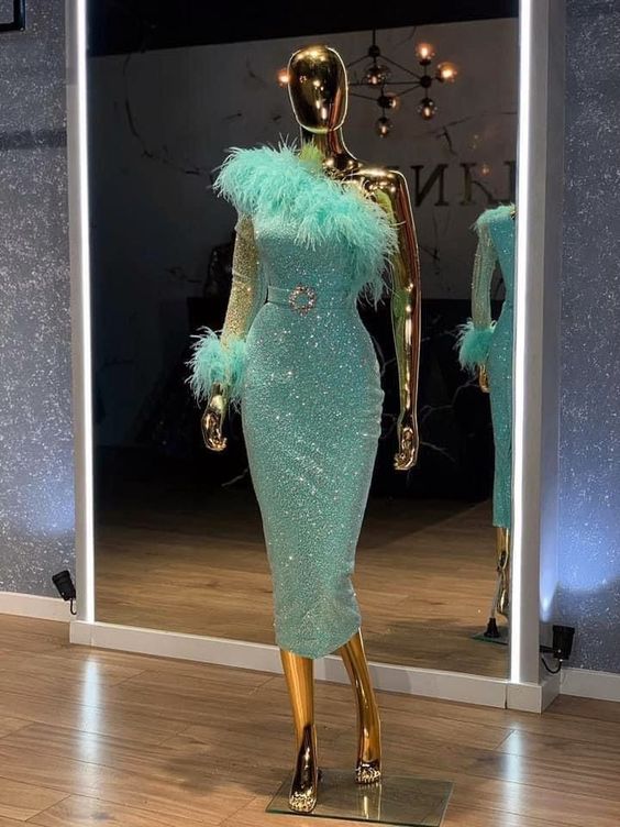 One shoulder turquoise sequins prome dress