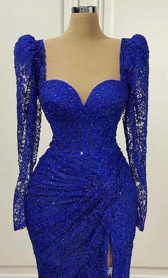 Royal Blue Vintage Prom Dress Long Sleeves Evening Dress