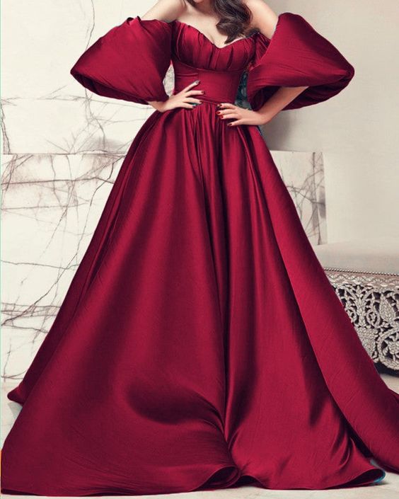 New Puffy Sleeves Prom Dresses Satin Long