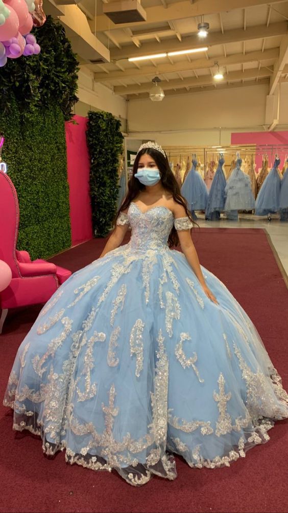 Light Blue Ball Gown With Appliques Sweet 16 Dress