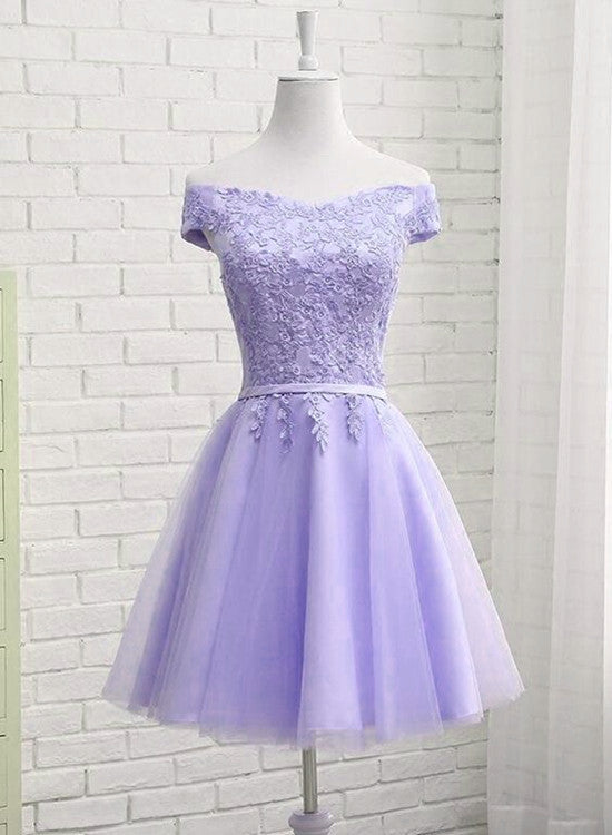 Light Purple Tulle Short Homecoming Dress Cute Off Shoulder Party Dress