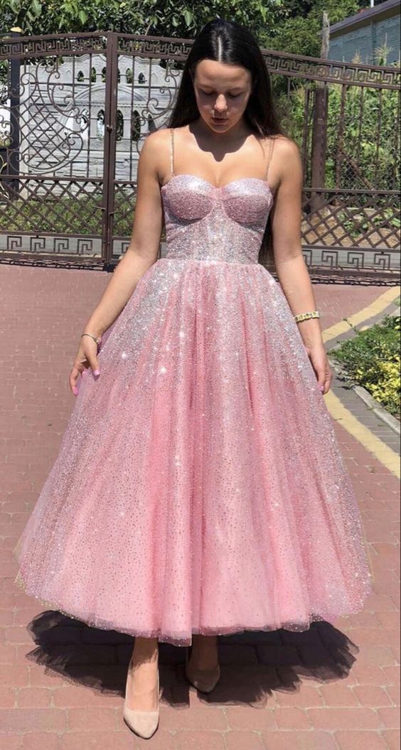 Sparkly prom party dresses midi length ball gown sweetheart spaghetti straps