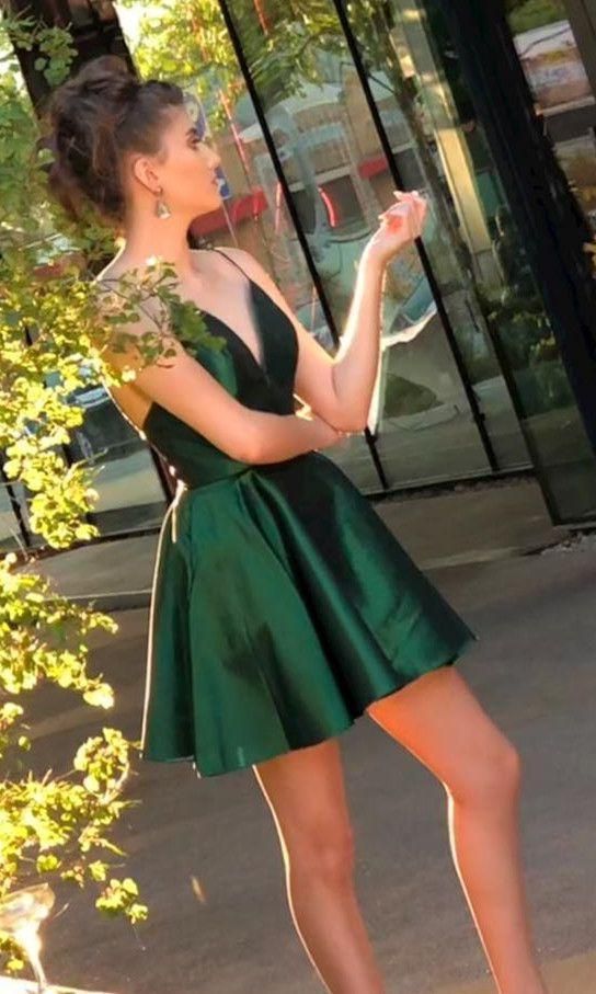 Deep V Neck Spaghetti Straps Short Satin Dark Green Pleated Homecoming Dresses