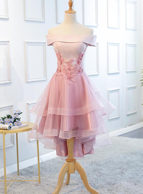 Lovely Off Shoulder Tulle Pink Layers Homecoming Dress, High Low Party Dress