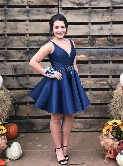 Blue Satin V-neck With Beading Short Homecoming Dress