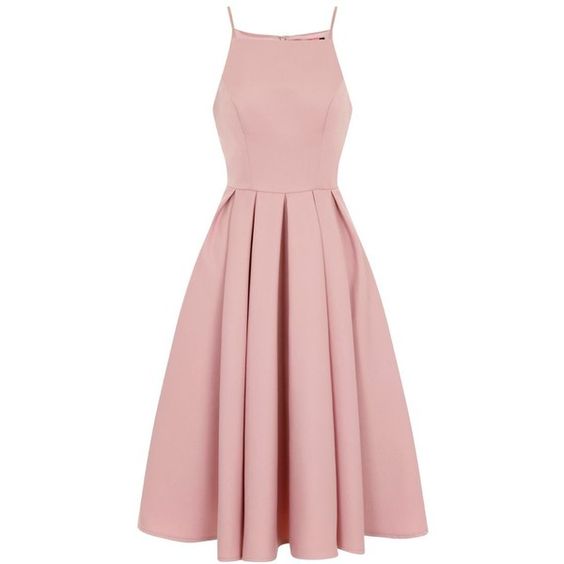 Pink Midi Pleated Skater Dress Featuring Halter Neck and Spaghetti Straps Homecoming Dress Simple Party Dress