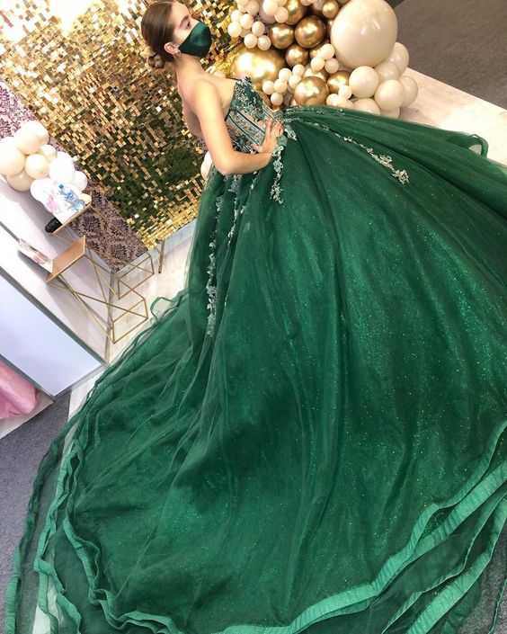 Green Ball Gown With Appliques Sweet 16 Dress Long Court Train
