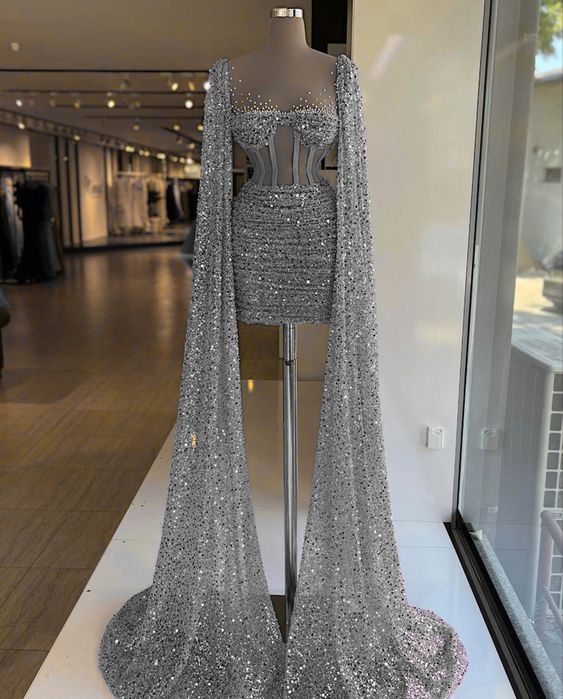 Silver Sequin Short Homecoming Dress Long Sleeves Party Dress