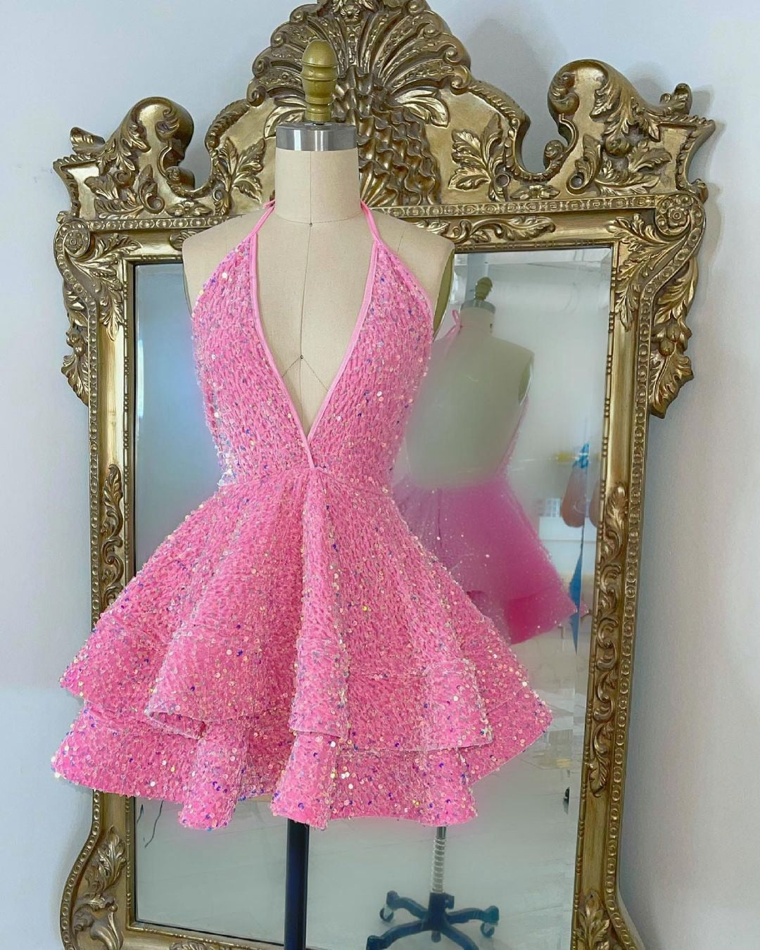 Sweet Girl Sequin Party Dress V Neck Ruffle Long Mini Dress Custom Back to School Dress