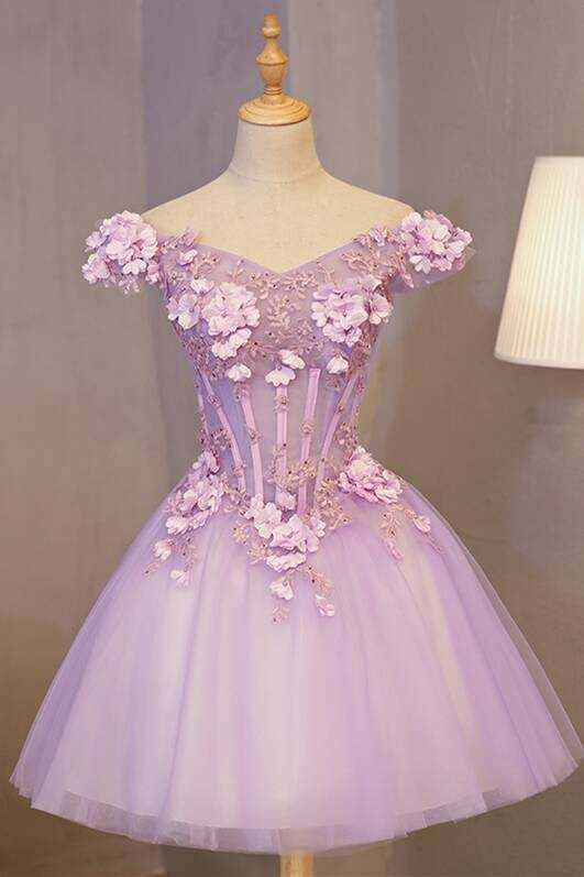 Off the Shoulder Light Purple Flower Homecoming Dress