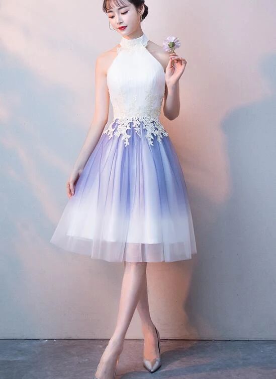 Cute Halter Tulle A-Line Knee Length Party Dress, Light Purple Homecoming Dress