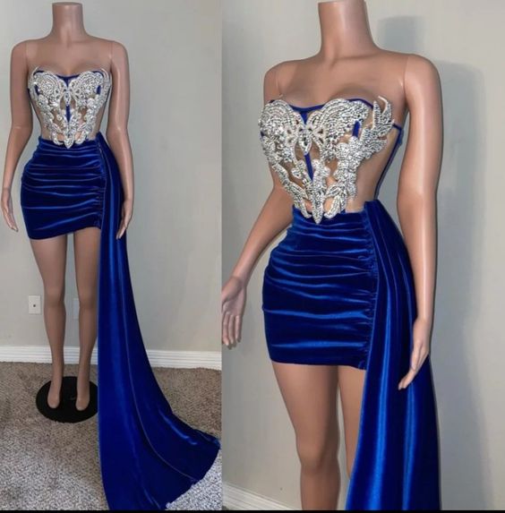 Applique dress with detachable train royal blue velvet see-throught party dress