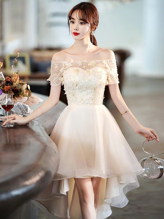 Light Champagne Tulle Short Sleeves High Low Homecoming Dress, Short Party Dress