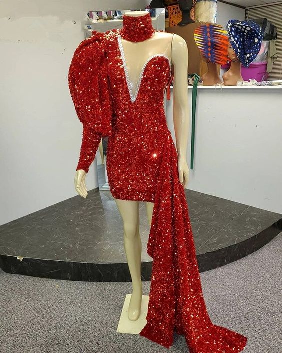 Stunning Red Sequins Short Prom Dresses With High Neck African Black Girl Party Prom Dresses With Long Train