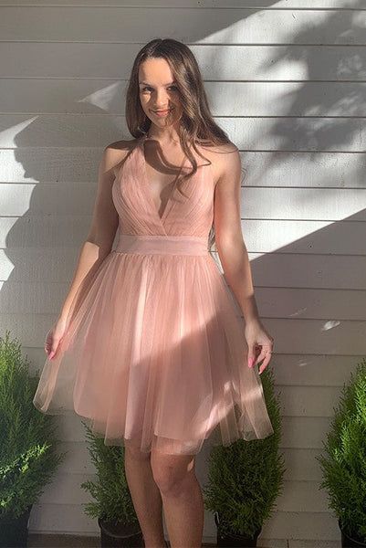 Tulle Short Pink Deep V Neck Backless Homecoming Dress
