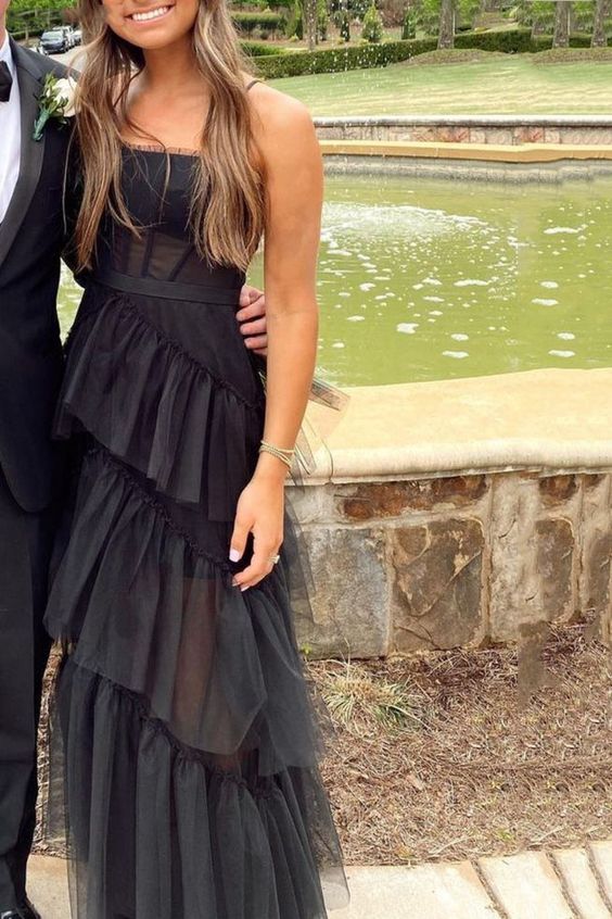 New Arrival A-line Tiered Tulle Black Prom Dress, Spaghetti Straps Long Evening Dress