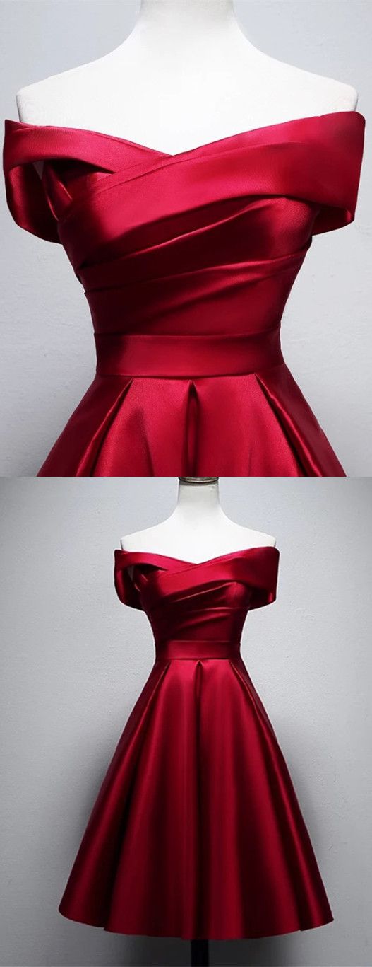 Sexy Tea Length Sweet Red Satin Homecoming Dress Off Shoulder Short Party Dress