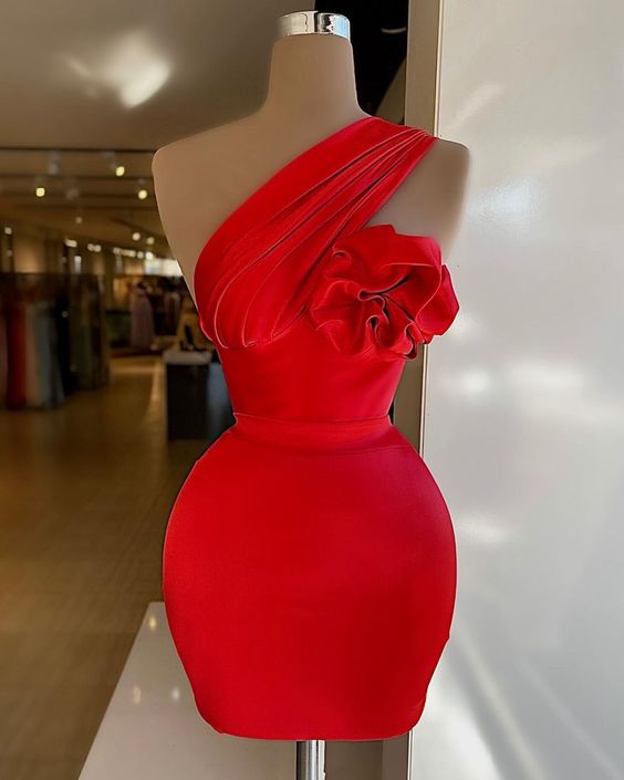 One shoulder red elastic satin homecoming dress sexy party dress
