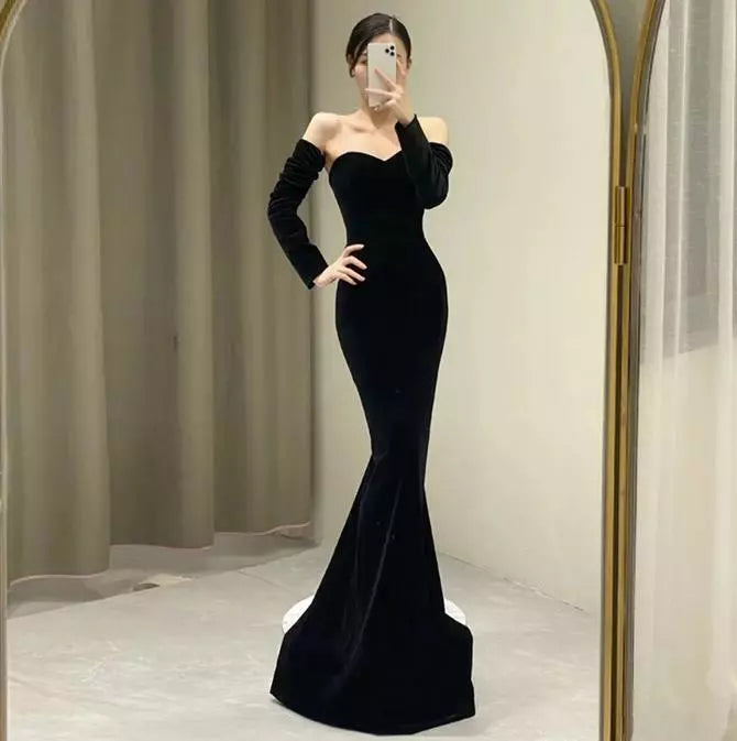 Vintage Mermaid Sweetheart Black Velvet Long Evening Dress Prom Dresses With Bow