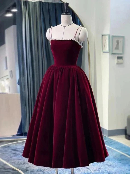 Spaghetti Straps Burgundy Velvet Prom Dress Simple Prom Dress Party Dress