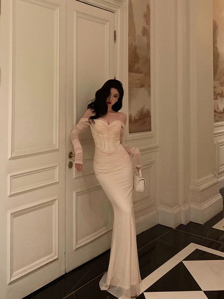 Chic Mermaid Off The Shoulder Long Sleeves White Long Prom Dresses Birthday Dress