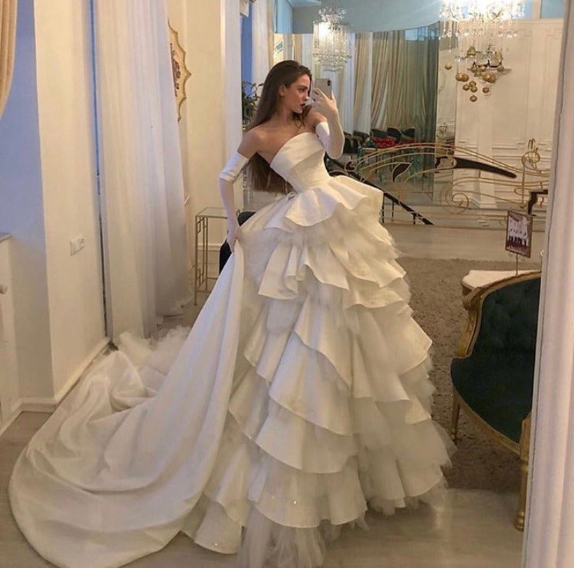 Charming A Line Strapless White Long Wedding Gown with Ruffles Prom Dress